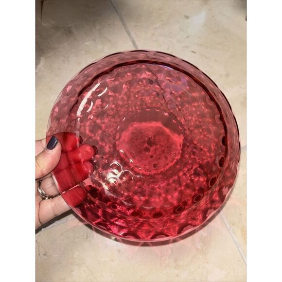 GLASS  DOME CHEESE Butter DESSERT COVERED DISH 7x9” Cranberry Clear Birds Trees - Picture 7 of 7